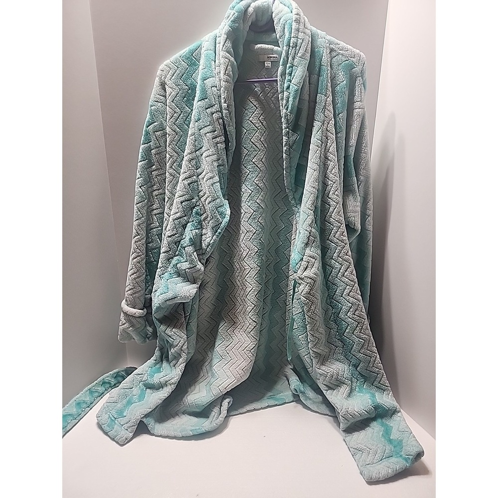 Sonoma Goods For Life Aqua Blue Chevron Plush Fleece Robe Size Large